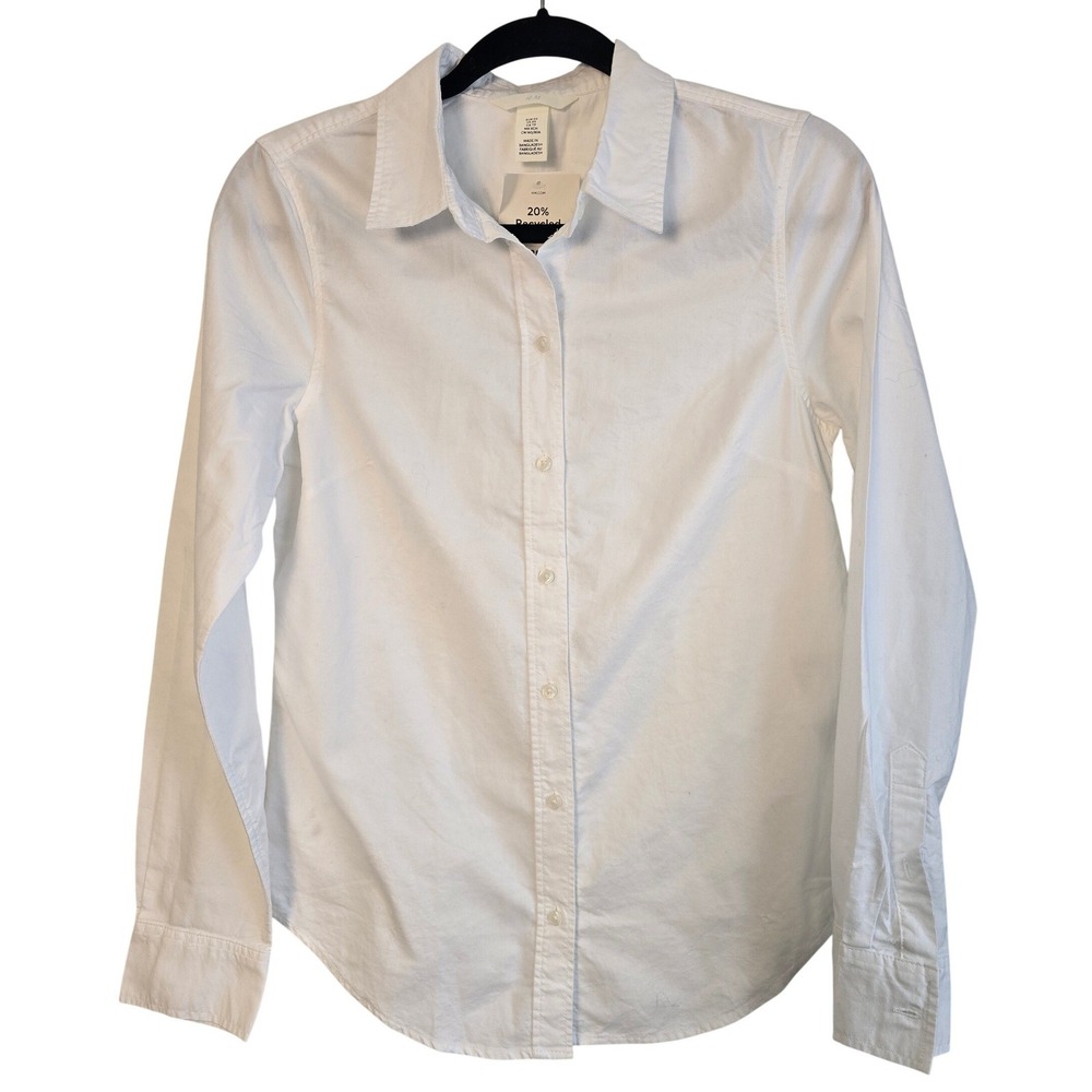 🆕️ - NWT - H&M Womens White Button Down Long Sleeve Blouse Recycled Cotton XS